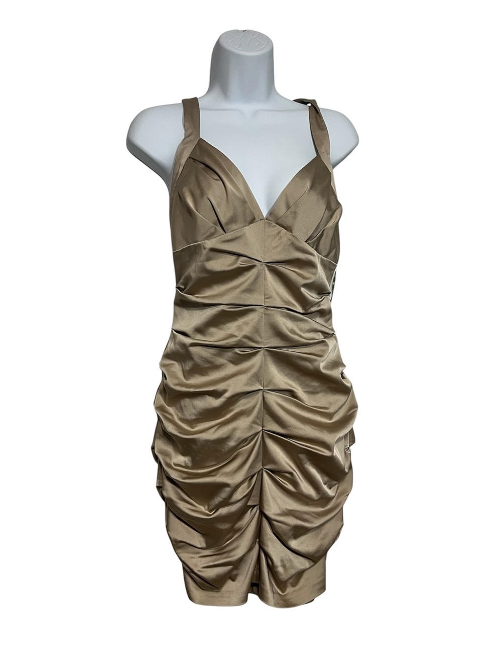 BCBGMaxAzria Champagne Satin Ruched Mini Dress Size 8 Party Cocktail Glamor